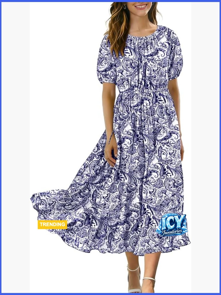 Summer Floral Maxi Dress With Puff Sleeves Pockets Drawstring Waist